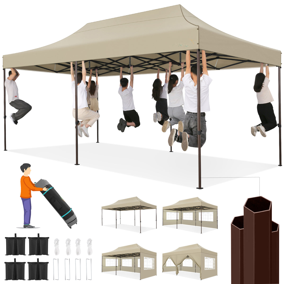 COBIZI 10x20 Heavy Duty Canopy Tent with 6 Removable Sidewalls,Pop up Outdoor Commercial Party Wedding Tent with Roller Bag,Waterproof & UV 50+,Khaki