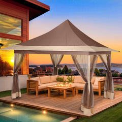 HOTEEL 12x12 Outdoor Waterproof Gazebo, Pop Up Canopy Tent with Adjustable Height, UV Protection & Mosquito Net, Ideal for Parties, Camping, Weddings, and Backyard Events,Brown