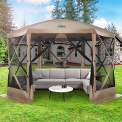 HOTEEL 12x12ft Pop-up Gazebo EZ Set-up Camping Canopy Tent with 6 Sides Mosquito Netting, Waterproof, UV Resistant, Portable Screen House Room, Outdoor Party Tent with Carry bag, Ground Spike, Khaki
