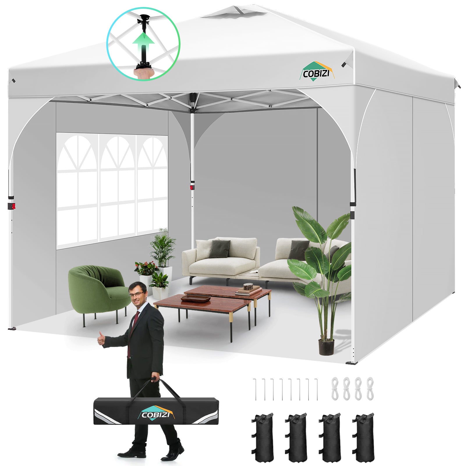 Cobizi 10'x10' One Push Central Button  Pop Up Canopy Tent with Air Vent, 3 Sidewalls & Reflective Strip SPC141
