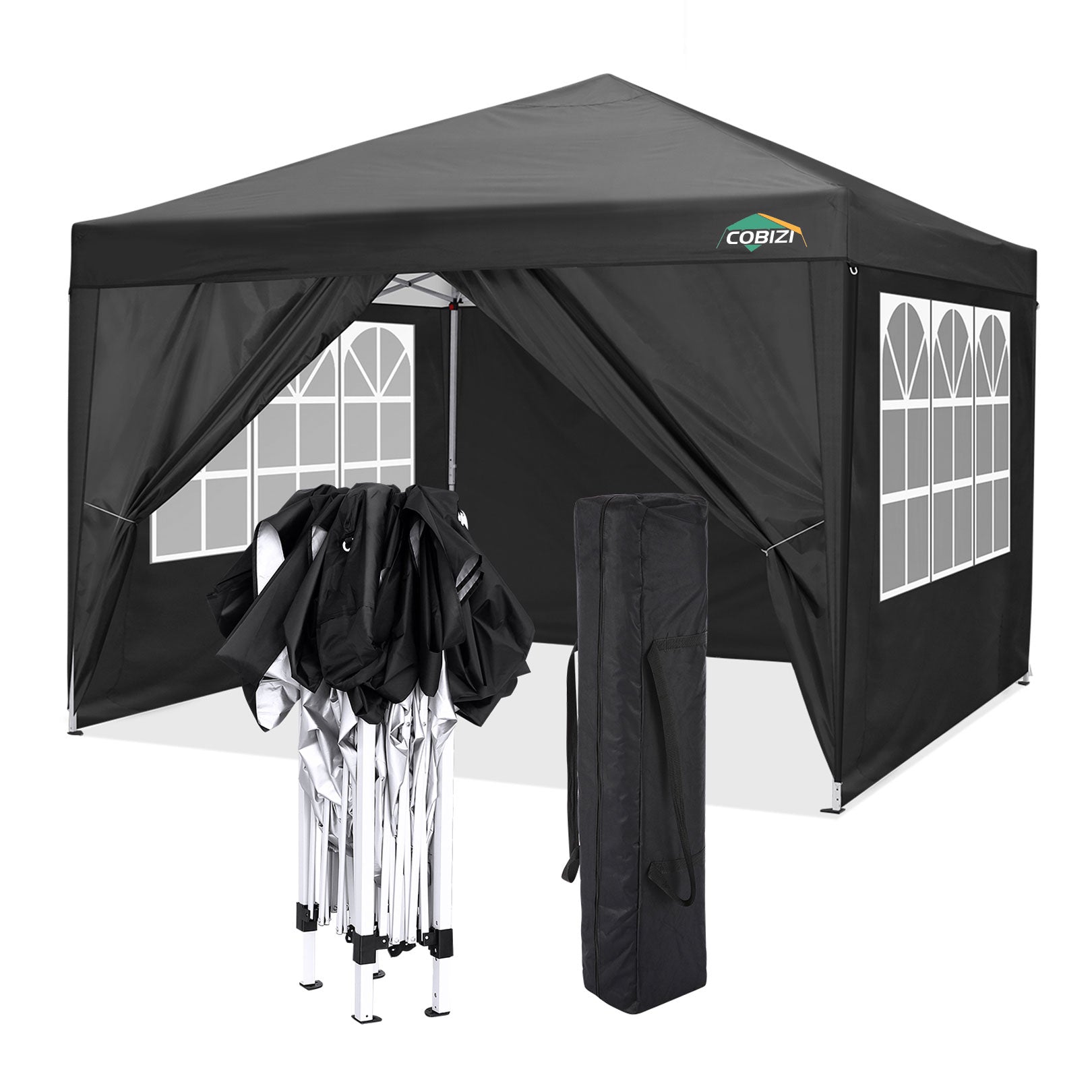 COBIZI 10'x10' Popup Canopy Waterproof Canopy with 4 Sidewalls Outdoor Commercial Instant Shelter Beach Camping Canopy Tent for Party, Black