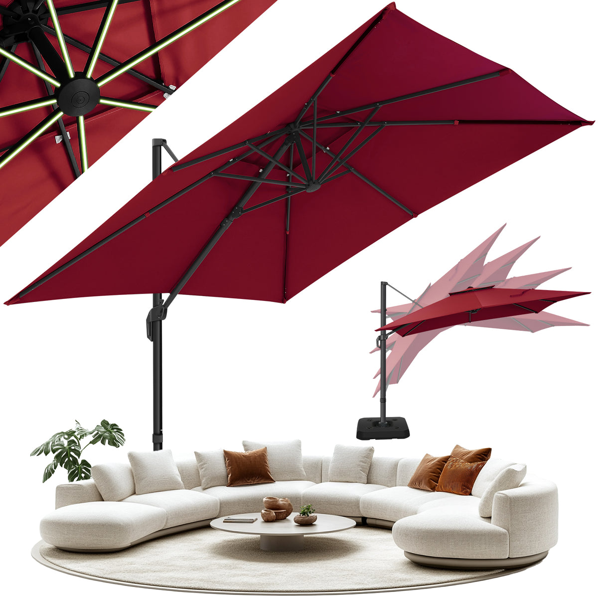 HOTEEL 10 Ft Patio Umbrella Outdoor Cantilever Umbrella Aluminum Offset Umbrella with Base, 360° Rotation，Gray