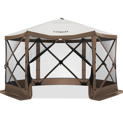 Hoteel 12x12ft Pop-up Gazebo EZ Set-up Camping Canopy Tent with 6 Sides Mosquito Netting, Waterproof, UV Resistant, Portable Screen House Room, Outdoor Party Tent with Carry bag, Ground Spike, Khaki