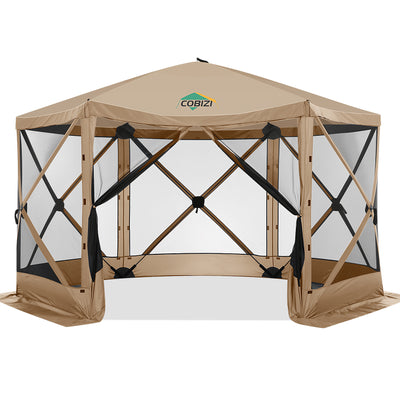 Hoteel 12x12ft Pop-up Gazebo EZ Set-up Camping Canopy Tent with 6 Sides Mosquito Netting, Waterproof, UV Resistant, Portable Screen House Room, Outdoor Party Tent with Carry bag, Ground Spike, Khaki