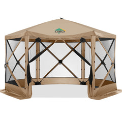 Hoteel 12x12ft Pop-up Gazebo EZ Set-up Camping Canopy Tent with 6 Sides Mosquito Netting, Waterproof, UV Resistant, Portable Screen House Room, Outdoor Party Tent with Carry bag, Ground Spike, Khaki