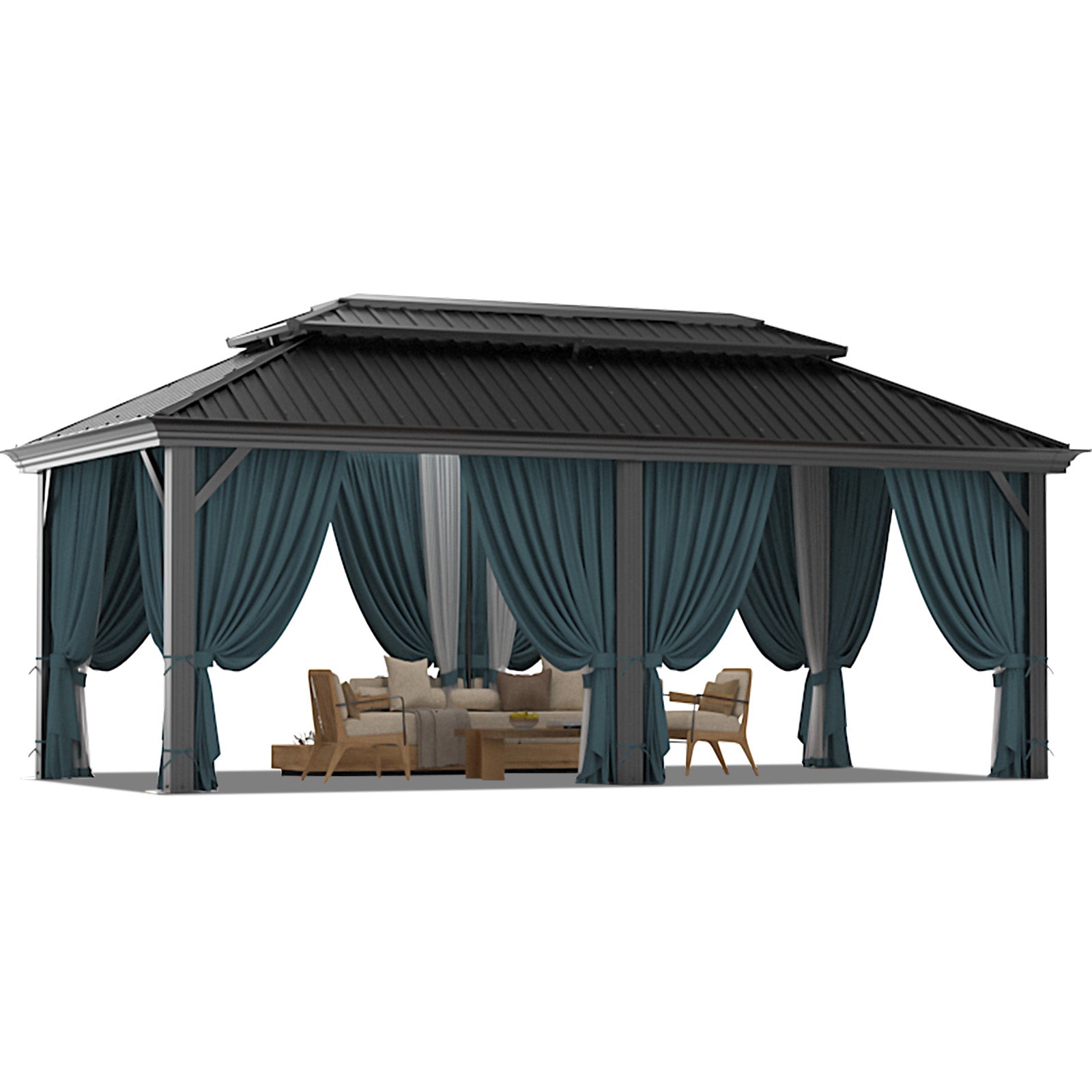 HOTEEL 10'x15' Hardtop Gazebo, Outdoor Steel Double Galvanized Roof Canopy, Aluminum Frame Permanent Pavilion Metal Gazebo with Curtains and Nettings, Sunshade for Patios, Gardens, Lawns, Black