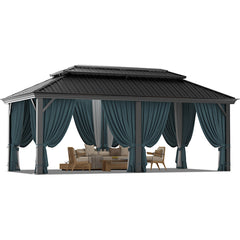 HOTEEL 10'x15' Hardtop Gazebo, Outdoor Steel Double Galvanized Roof Canopy, Aluminum Frame Permanent Pavilion Metal Gazebo with Curtains and Nettings, Sunshade for Patios, Gardens, Lawns, Black