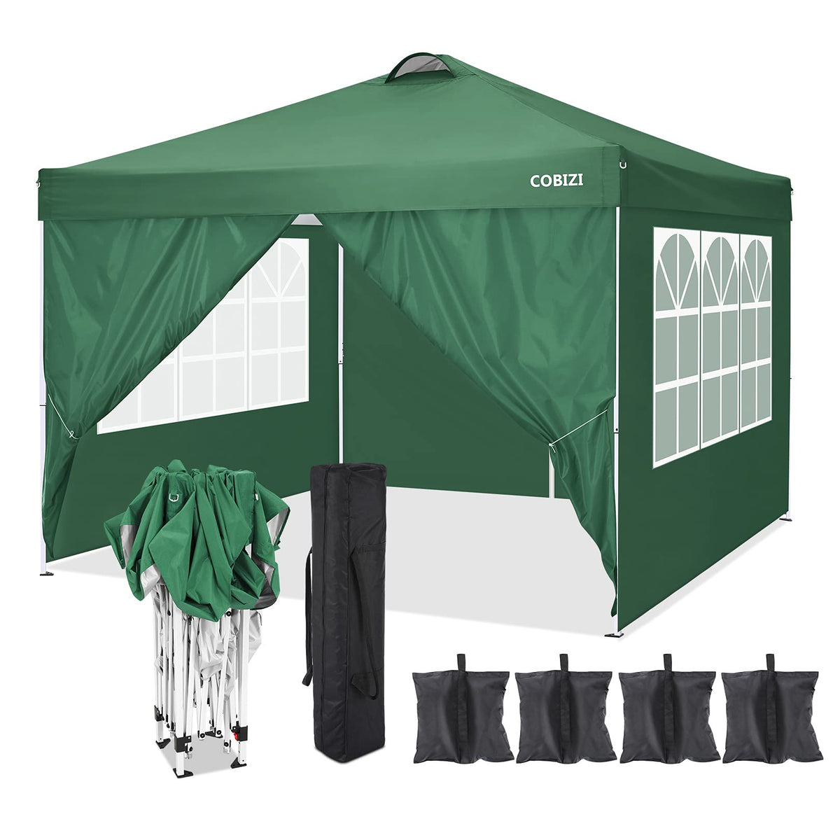COBlZI 10'x10' Ez Pop Up Canopy Tent with 4 Sidewalls,Commercial Instant Gazebo Tents with 4 Sand Bags & 8 Stakes,Outdoor Patio Canopy for Parties,Backyard（Green）