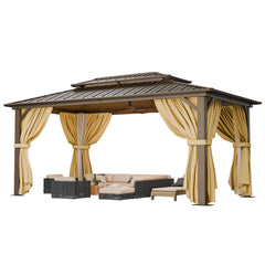 COBIZI 10'x15' Hardtop Gazebo with Heavy Duty Galvanized Steel Metal Roof, Patio Hard Top Gazebo with Curtains & Netting, Brown SPC000274