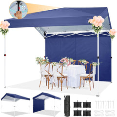 COBIZI 10'x10' Carport Canopy Tent with 1 Sidewall, 3 Adjustable Height Portable Garage, Instant Outdoor Carports with 8 Stakes, 4 Sandbags & Ropes for Motorcycle, Garden Tool, Commercial, Dark Blue