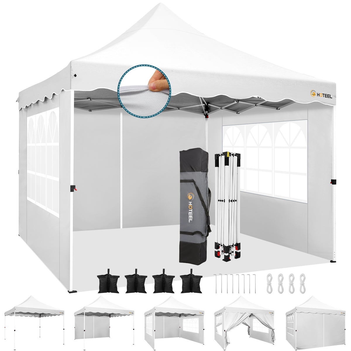 HOTEEL 10'x10' Pop Up Canopy , UPF 50+ Easy Setup Canopy Tent Waterproof Outdoor Instant Portable Shelter with 4 Removable Sidewalls, Sandbags, Stakes & Ropes for Party, Events, Vendor, White