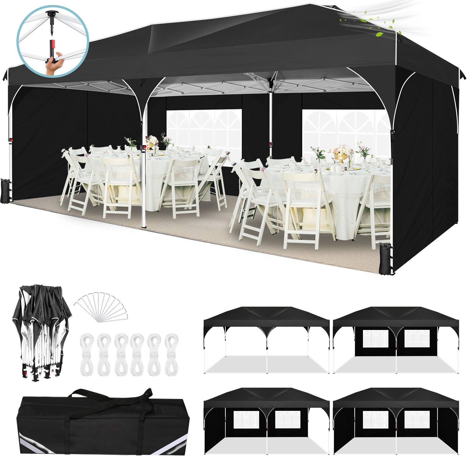 COBIZI 10x10 Ez Pop Up Canopy Tent, Commercial Instant Gazebo Tents for Parties, Waterproof Adjustable Outdoor Patio Backyard Canopy Party Tent,Black