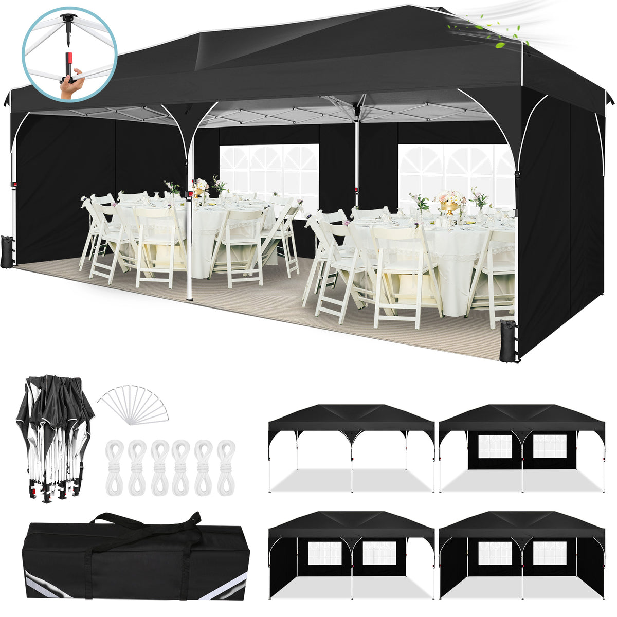 COBIZI 10x10 Ez Pop Up Canopy Tent, Commercial Instant Gazebo Tents for Parties, Waterproof Adjustable Outdoor Patio Backyard Canopy Party Tent,Black