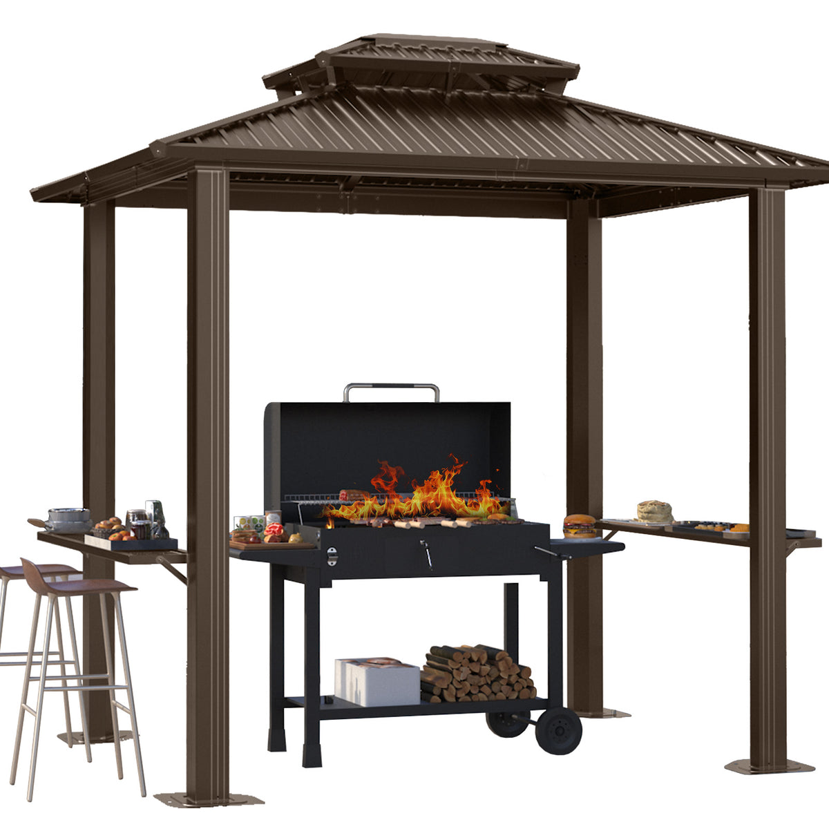 HOTEEL 10'x15' Hardtop Gazebo, Outdoor Steel Double Galvanized Roof Canopy, Aluminum Frame Permanent Pavilion Metal Gazebo with Curtains and Nettings, Sunshade for Patios, Gardens, Lawns, Black