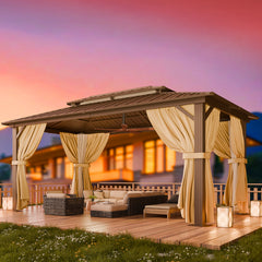 COBIZI 10'x15' Hardtop Gazebo with Heavy Duty Galvanized Steel Metal Roof, Patio Hard Top Gazebo with Curtains & Netting, Brown SPC000274