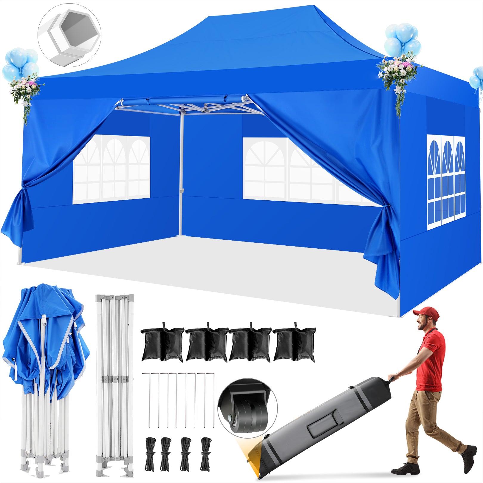HOTEEL 10x15 Pop Up Canopy Tent Heavy Duty with 4 Sidewalls,Tents for Parties Outdoor Canopy Event Tent Wedding with Roller Bag,UV 50+ & Upgraded No Water Accumulation,Thick Hexagonal Legs