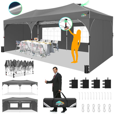 Cobizi 10'x20' Up Pop Up Canopy Tent, Party Tents with One Push Central Button Air Vent, Instant Canopy Tent with Sidewalls & Reflective Strip SPC000142