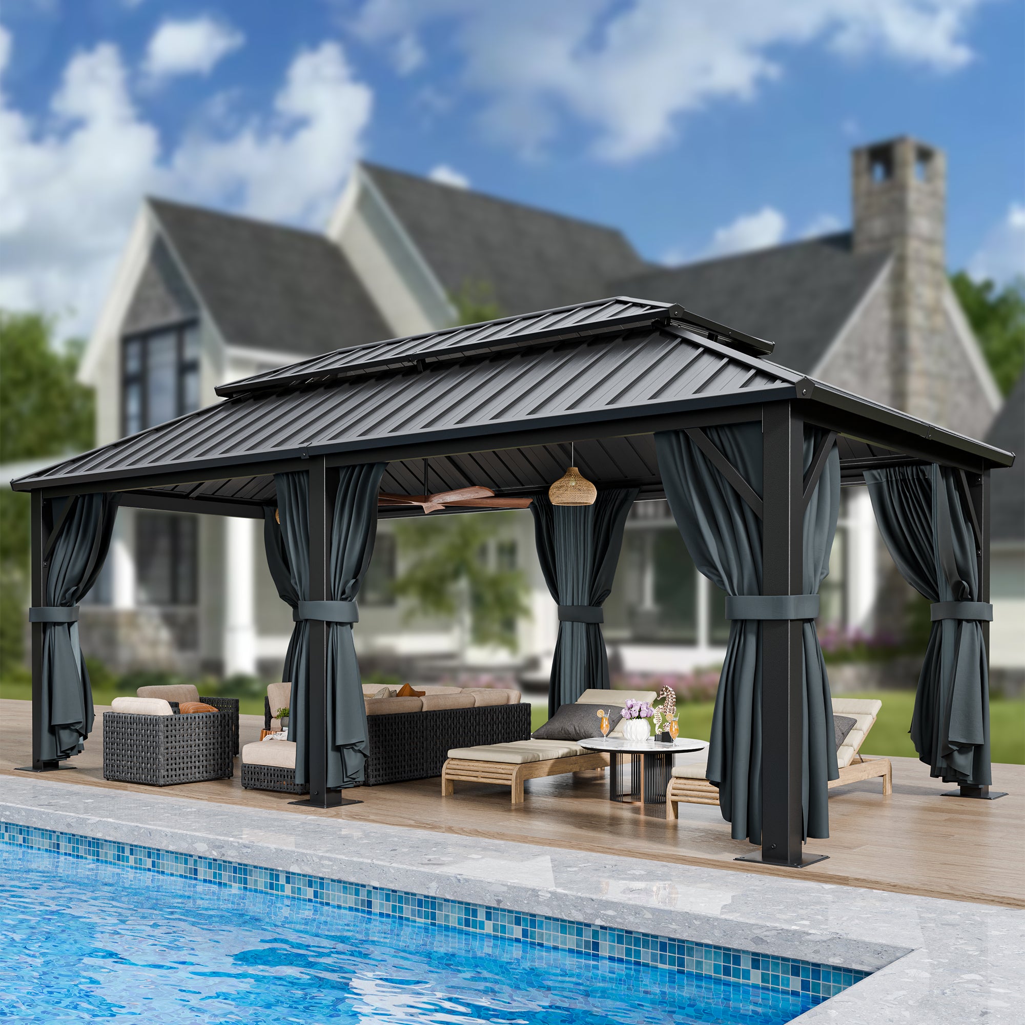 COBIZI 12'x20'  Heavy Duty Hard Top Gazebo Pro with Curtains & Netting SPC243