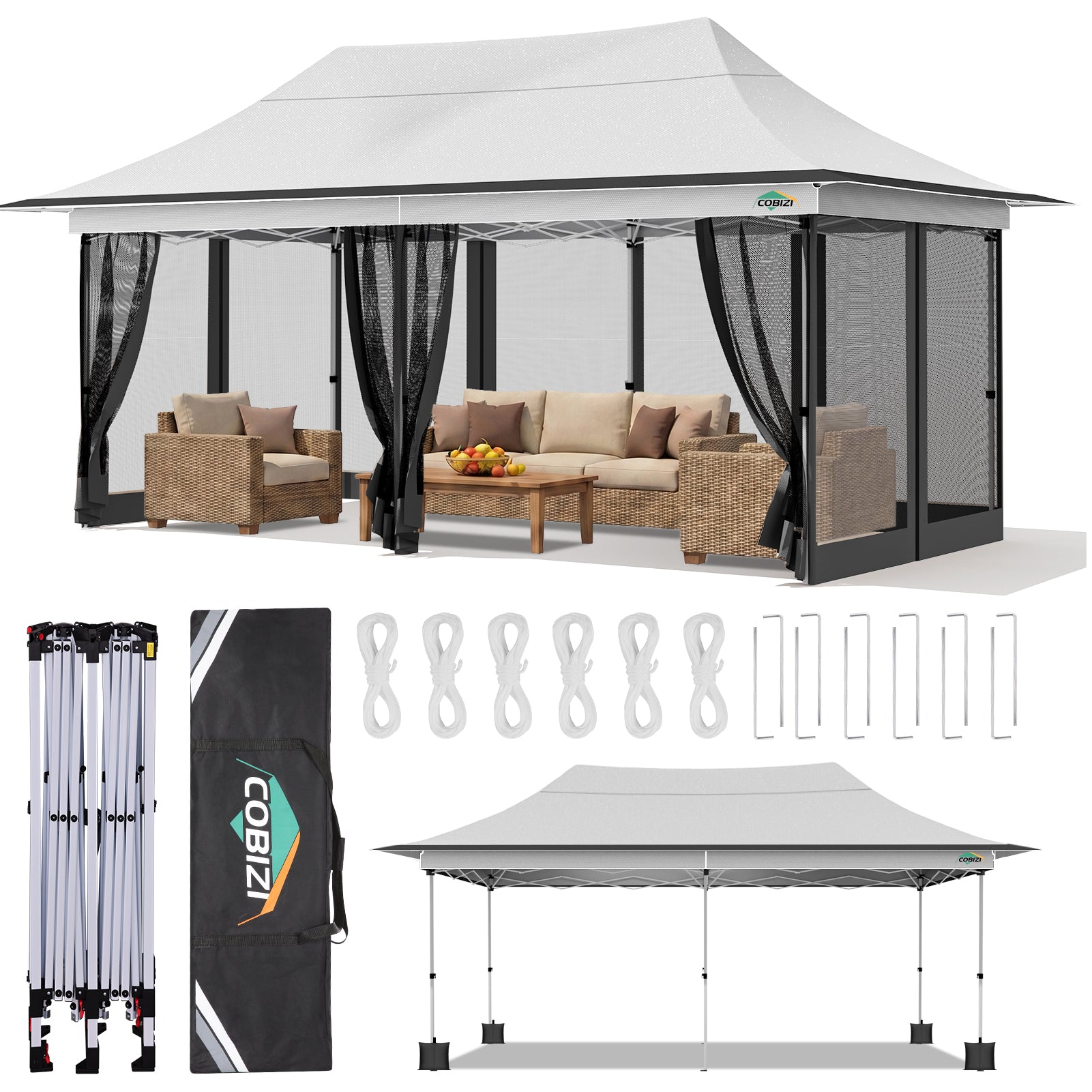 COBIZI 12'x20' Pop Up Gazebo Easy Setup with Mosquito Netting, Brown SPC000251