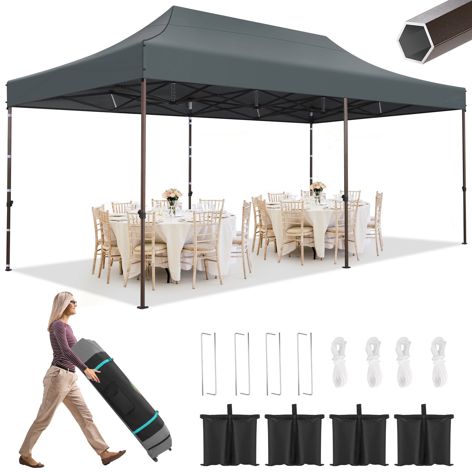 HOTEEL 10x20 Pop Up Heavy Duty Canopy Tent,Commercial Tent Gazebo for Parties All-Weather Waterproof and UV 50+ Wedding Tent with Roller Bag,Gray