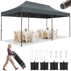 HOTEEL 10x20 Pop Up Heavy Duty Canopy Tent,Commercial Tent Gazebo for Parties All-Weather Waterproof and UV 50+ Wedding Tent with Roller Bag,Gray