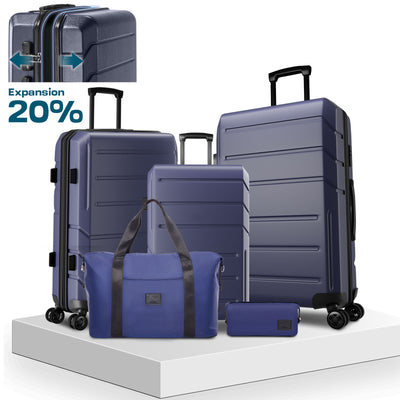 HOTEEL 3 Piece Carry on Luggage Set,Expandable ABS+PC Lightweight Hard Shell Suitcases with Spinner Wheels&TSA Lock,Portable Travel Bag and Toiletry Bag,Blue