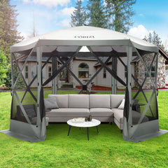 COBIZI 12x12ft Pop Up Canopy Gazebo, Outdoor Canopy Tent Screen House with 6 sidewalls and Netting for Camping, Waterproof, UV Resistant, Ez Set-up Party Tent with Carrying Bag and Ground Stakes,Brown