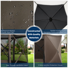 COBIZI 12x12ft Pop Up Canopy Gazebo, Outdoor Canopy Tent Screen House with 6 sidewalls and Netting for Camping, Waterproof, UV Resistant, Ez Set-up Party Tent with Carrying Bag and Ground Stakes,Brown