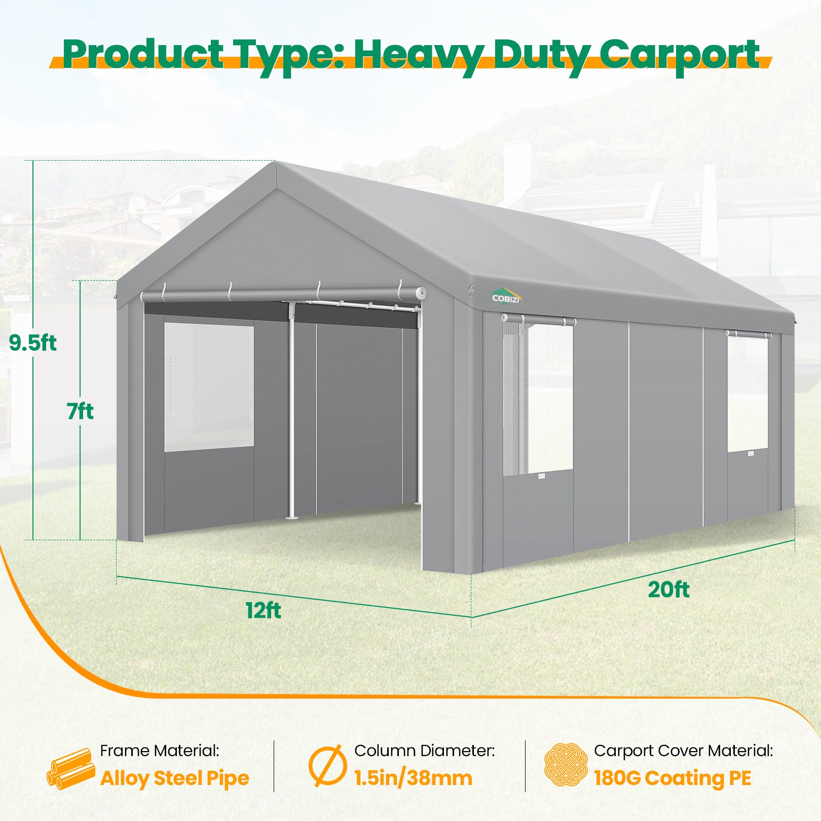 COBIZI Carport 10x20 ft Heavy Duty Car Canopy with Roll-up Windows Portable Garage with Removable Sidewalls & Door, Outdoor Canopy Carport Portable Car Tent Garage Car Canopy with Steel Frame, Gray
