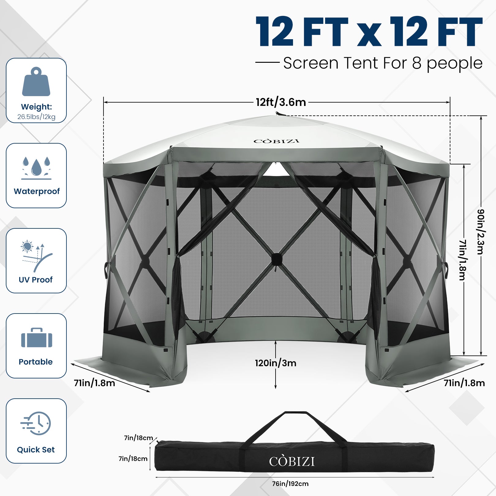 COBIZI 12'x12' Portable 6 Side Pop Up Canopy Screen House Tent, SPC44L