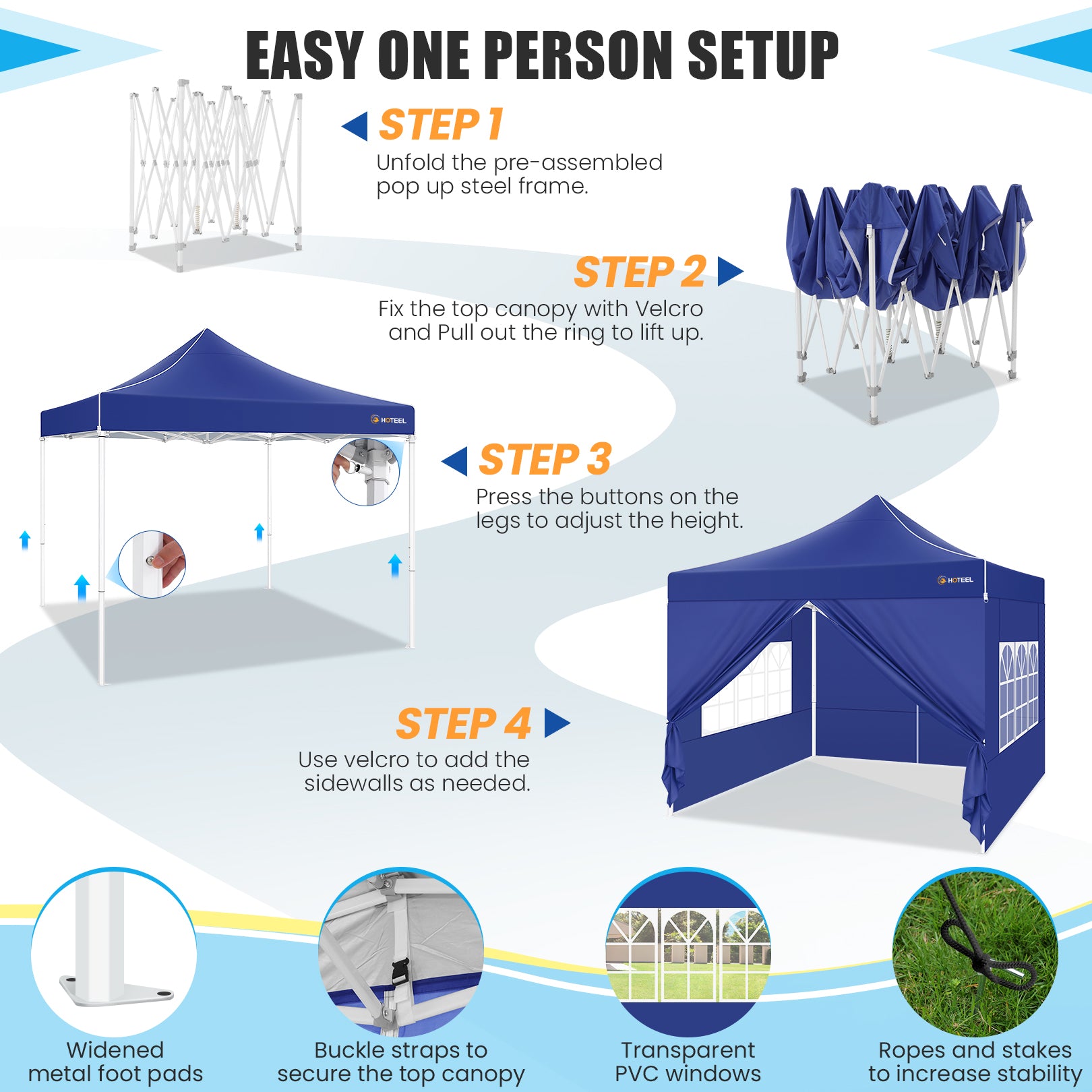 Hoteel 10'x10' Heavy Duty Canopy Tent with 4 Sidewalls, Commercial Instant Shelter Tent for Parties, Wedding Event, Adjustable Outdoor Canopy with Carry Bag, 4 Ropes & 8 Stakes, Dark Blue