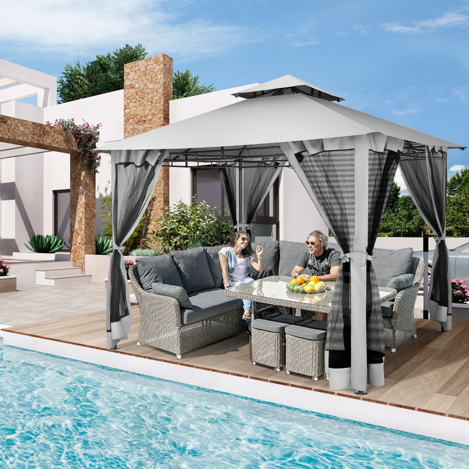 COBIZI 10'x10' Patios Gazebos with 4 Netting Sidewalls & Double Soft Roof, Khaki SPC41
