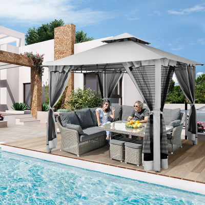 COBIZI 10'x10' Patios Gazebos with 4 Netting Sidewalls & Double Soft Roof, Khaki SPC41
