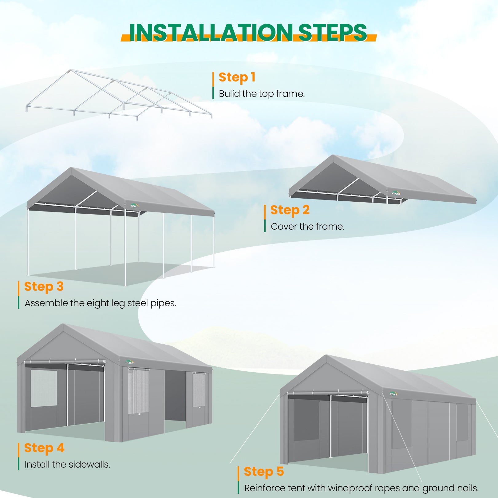 COBIZI Carport 10x20 ft Heavy Duty Car Canopy with Roll-up Windows Portable Garage with Removable Sidewalls & Door, Outdoor Canopy Carport Portable Car Tent Garage Car Canopy with Steel Frame, Gray