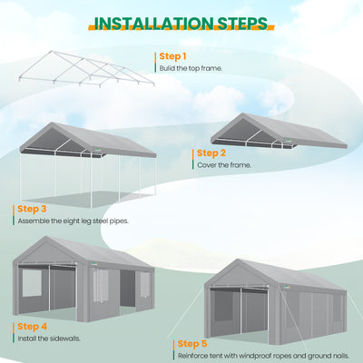 COBIZI Carport 10x20 ft Heavy Duty Car Canopy with Roll-up Windows Portable Garage with Removable Sidewalls & Door, Outdoor Canopy Carport Portable Car Tent Garage Car Canopy with Steel Frame, Gray