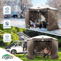 COBIZI 12x12ft Pop Up Canopy Gazebo, Outdoor Canopy Tent Screen House with 6 sidewalls and Netting for Camping, Waterproof, UV Resistant, Ez Set-up Party Tent with Carrying Bag and Ground Stakes,Brown