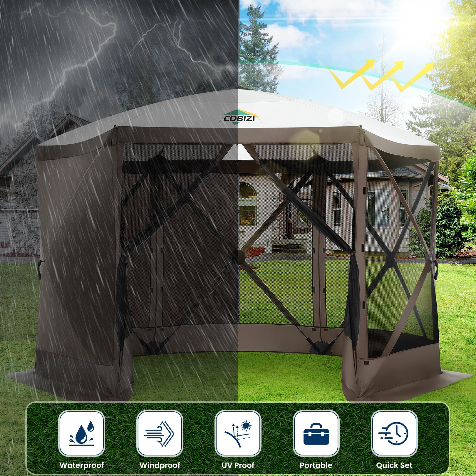 COBIZI 12'x12' Portable 6 Side Pop Up Canopy Screen House Tent, SPC000044L