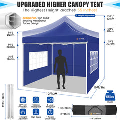 Hoteel 10'x10' Heavy Duty Canopy Tent with 4 Sidewalls, Commercial Instant Shelter Tent for Parties, Wedding Event, Adjustable Outdoor Canopy with Carry Bag, 4 Ropes & 8 Stakes, Dark Blue