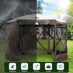 COBIZI 12x12ft Pop Up Canopy Gazebo, Outdoor Canopy Tent Screen House with 6 sidewalls and Netting for Camping, Waterproof, UV Resistant, Ez Set-up Party Tent with Carrying Bag and Ground Stakes,Brown
