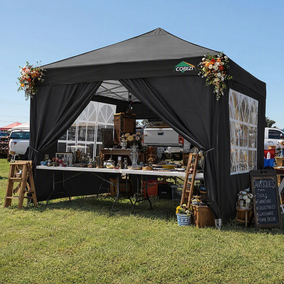 COBIZI 10'x10' Pop up & Protable Canopy Tent with 6 Sidewall & Carry Bag, Black SPC202
