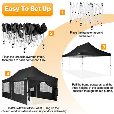HOTEEL 10x20 Pop Up Canopy Tent with 6 Removable Sidewalls,Easy Up Commercial Canopy with Upgrade Raised Roof,Waterproof and UV50+ Gazebo with Carry Bag,Black
