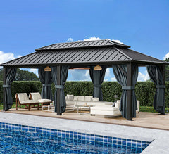 HOTEEL 10'x15' Hardtop Gazebo, Outdoor Steel Double Galvanized Roof Canopy, Aluminum Frame Permanent Pavilion Metal Gazebo with Curtains and Nettings, Sunshade for Patios, Gardens, Lawns, Black
