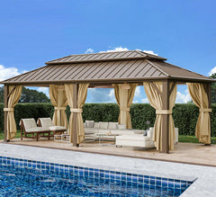 HOTEEL 10'x15' Hardtop Gazebo, Outdoor Steel Double Galvanized Roof Canopy, Aluminum Frame Permanent Pavilion Metal Gazebo with Curtains and Nettings, Sunshade for Patios, Gardens, Lawns, Black