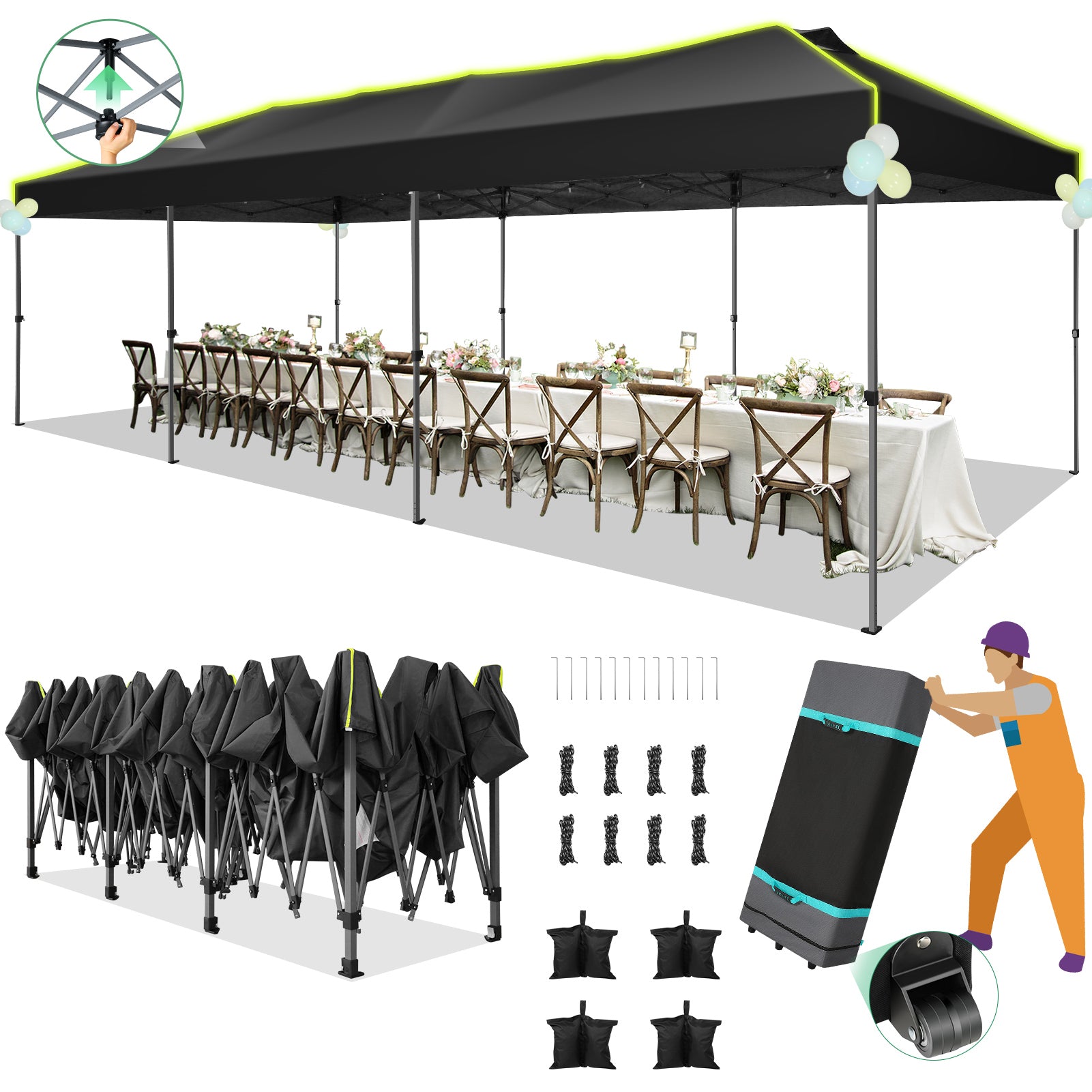 HOTEEL 10x30 EZ Pop Up Canopy, One Push Setup Glow Party Tent for Commercial, Waterproof UPF50+ Wedding Tent with Wheeled Bag & Air Vent