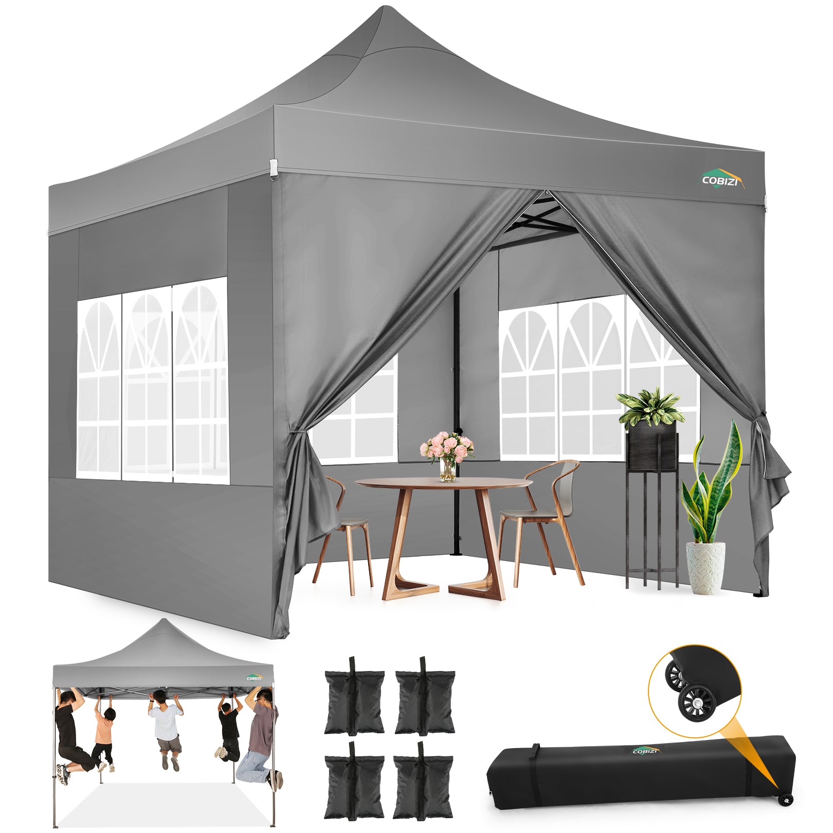 COBIZI 10'x10' Heavy Duty Pop Up Canopy with Sidewalls & 3 Adjustable Heights, SPC26