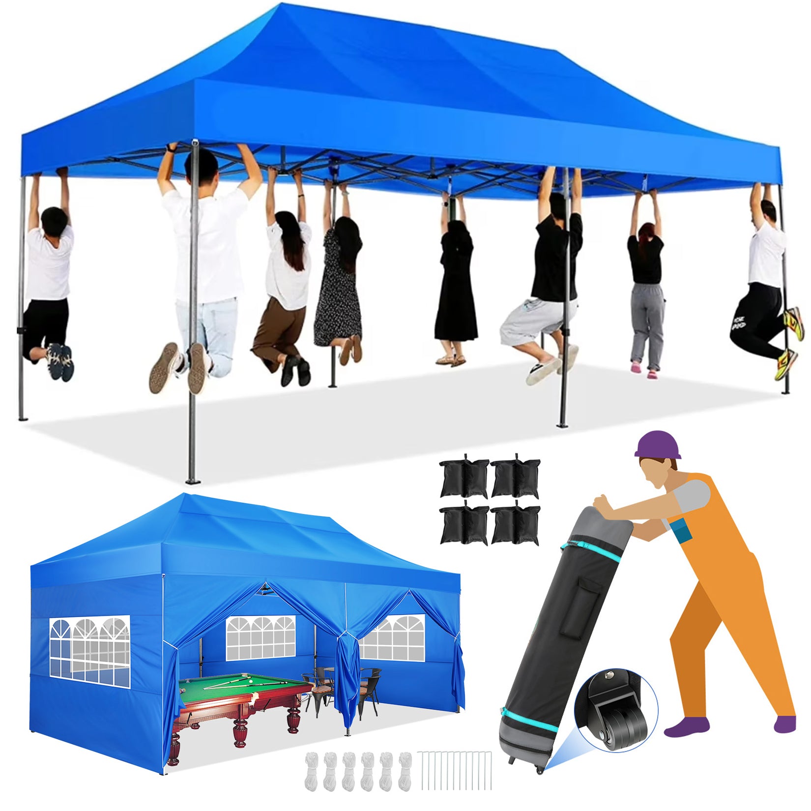 COBIZI 10'x20' Heavy Duty Pop up Canopy EZ Commercial Outdoor Tent Portable Party Wedding Instant Canopy Shelter All Season Anti-UV Waterproof Tent Gazebo with 6 Removable Sidewalls, Roller Bag