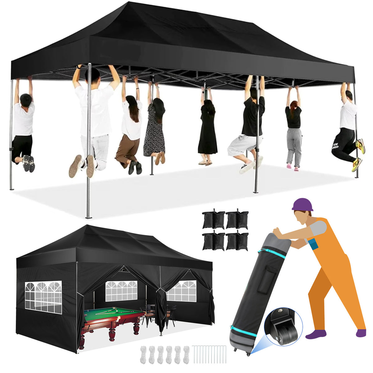 COBIZI 10'x20' Heavy Duty Pop up Canopy EZ Commercial Outdoor Tent Portable Party Wedding Instant Canopy Shelter All Season Anti-UV Waterproof Tent Gazebo with 6 Removable Sidewalls, Roller Bag