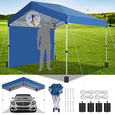 COBIZI 10'x10' Carport Canopy Tent with 1 Sidewall, 3 Adjustable Height Portable Garage, Instant Outdoor Carports with 8 Stakes, 4 Sandbags & Ropes for Motorcycle, Garden Tool, Commercial, Dark Blue