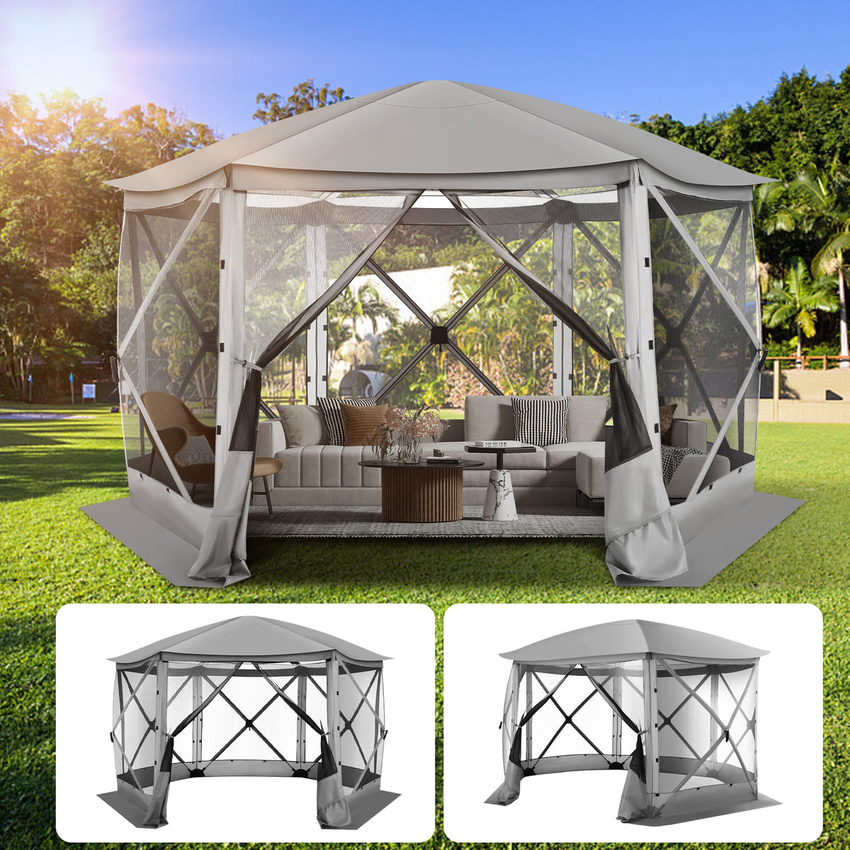 HOTEEL 12x12 Portable Pop-Up Outdoor Camping Gazebo, Screen Tent with Mosquito Nettings, Waterproof, UV, Bite Proof, Removable top Glamping Canopy with Carry Bag, Gray