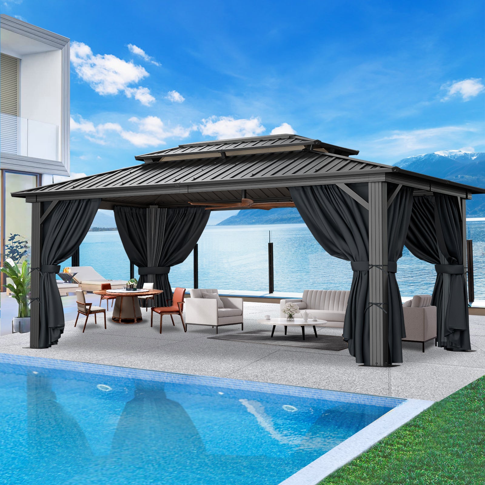COBIZI 10'x15'  Heavy Duty Hard Top Gazebo with Curtains & Netting, Black SPC274